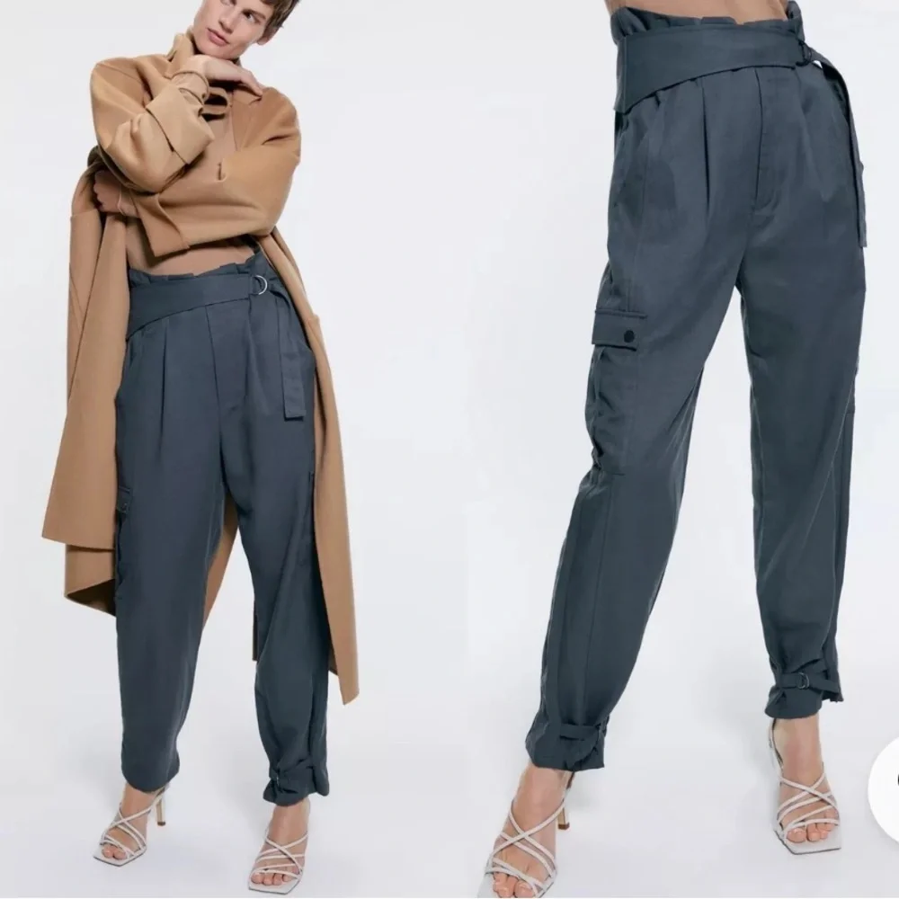 ZARA Woman’s Jules High Rise Tapered Leg Trousers with Belt and Pockets Size XL